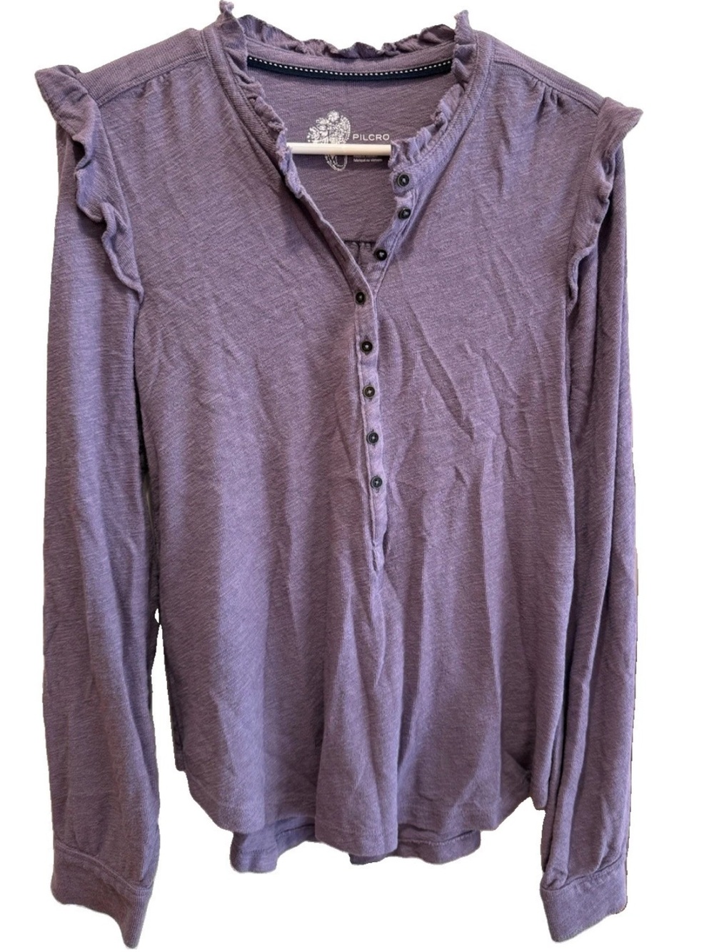 Pilcro  Tunic Blouse Henley SZ  Medium Casual Lavender Shoulder V-neck Ruffle